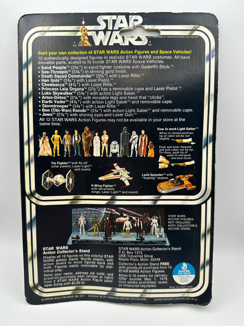 1977 Kenner Star Wars See-Threepio C-3PO 12 Back-C vintage sealed action figure on original card with bright gold figure and early Star Wars cardback