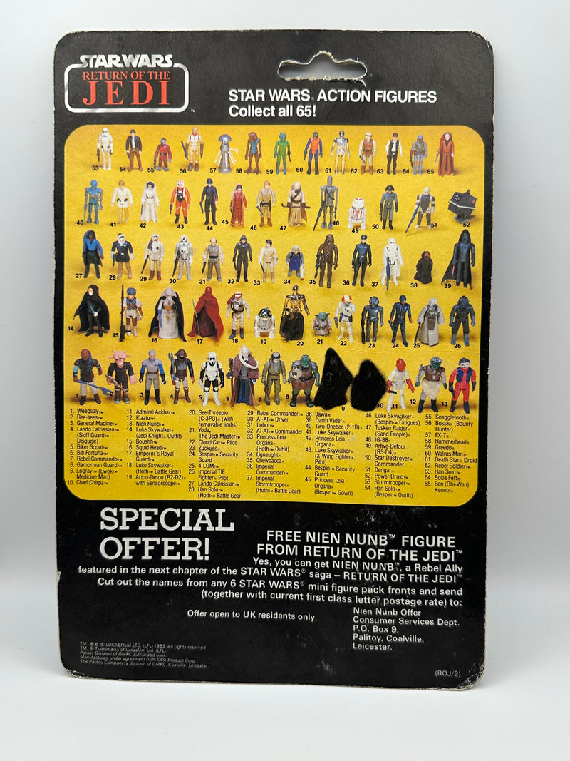 1983 Kenner Star Wars Klaatu 65 back Palitoy UK card mint on card with Nien Nunb offer