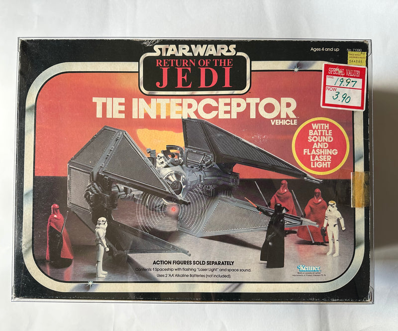 Vintage 1983 Kenner Star Wars Return of the Jedi TIE Interceptor vehicle complete in original box with battle sound and flashing laser light packaging