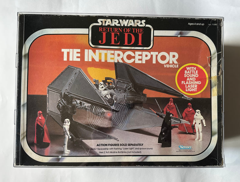 Vintage 1983 Kenner Star Wars Return of the Jedi TIE Interceptor vehicle complete in original box with battle sound and flashing laser light packaging