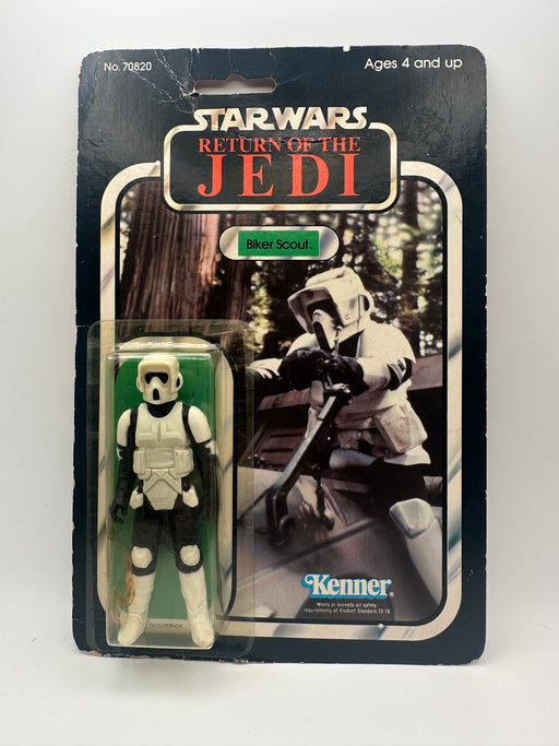1983 Kenner Star Wars Biker Scout 65-back Return of the Jedi sealed action figure on original card with yellowed bubble and card creasing