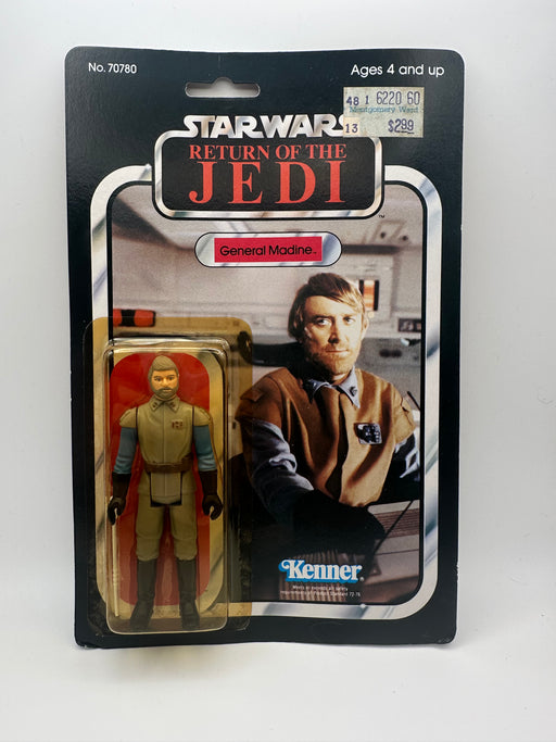 1983 Kenner Star Wars General Madine 65-back Return of the Jedi MOC action figure with original blaster, yellowed sealed bubble and Montgomery Ward price sticker