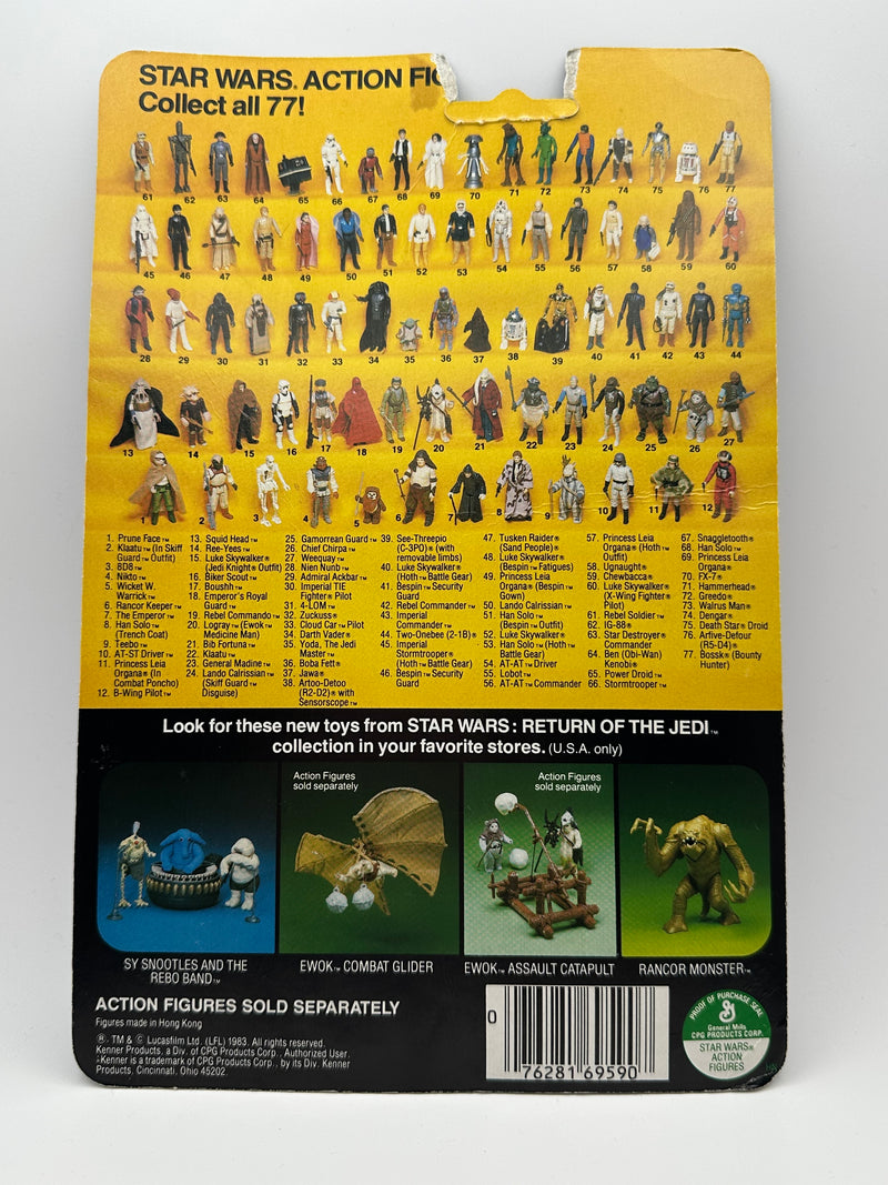 1983 Kenner Star Wars Return of the Jedi Han Solo Trench Coat 77 Back factory sealed MOC action figure with original camouflage trench coat and blaster accessory