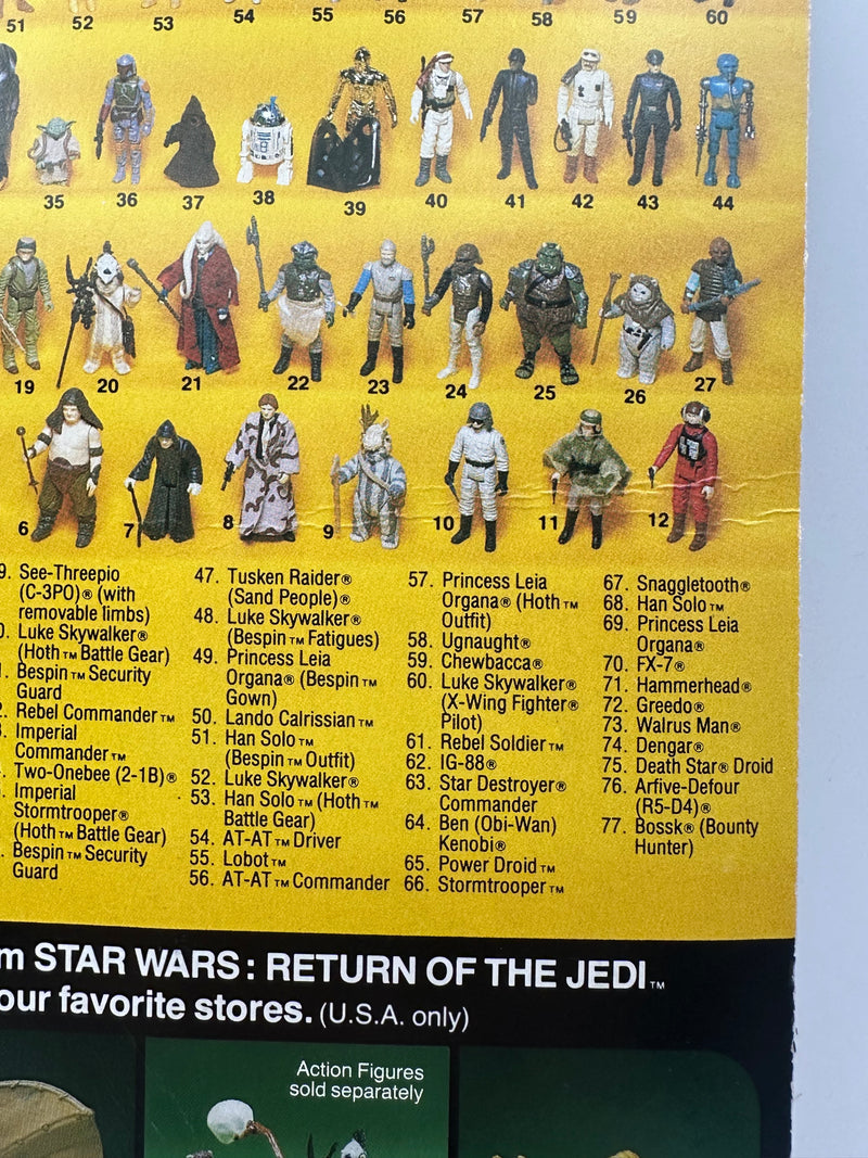 1983 Kenner Star Wars Return of the Jedi Han Solo Trench Coat 77 Back factory sealed MOC action figure with original camouflage trench coat and blaster accessory