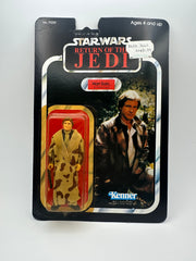 1983 Kenner Star Wars Return of the Jedi Han Solo Trench Coat 77 Back factory sealed MOC action figure with original camouflage trench coat and blaster accessory