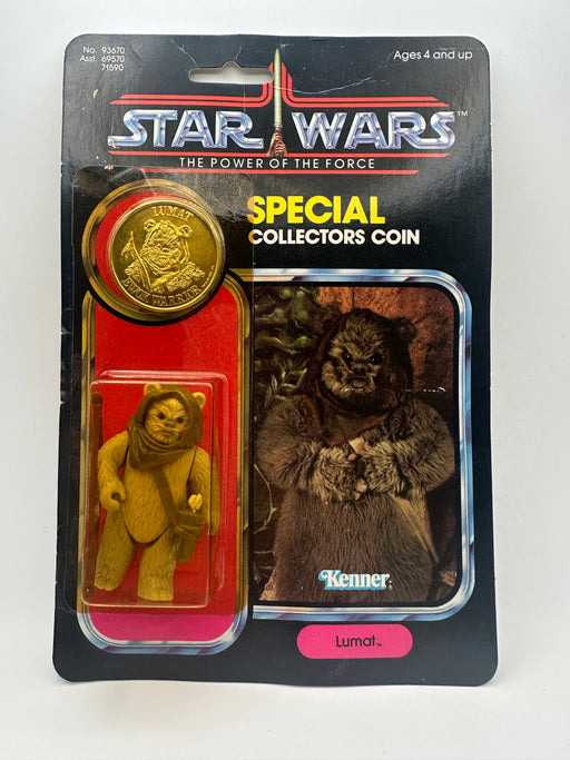 Front view of 1984 Kenner Star Wars Power of the Force Lumat Ewok Warrior coin card