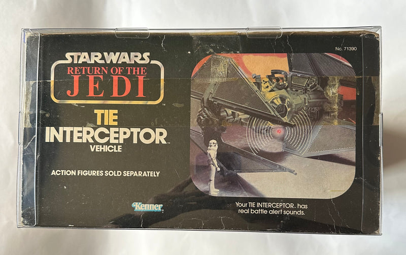 Vintage 1983 Kenner Star Wars Return of the Jedi TIE Interceptor vehicle complete in original box with battle sound and flashing laser light packaging