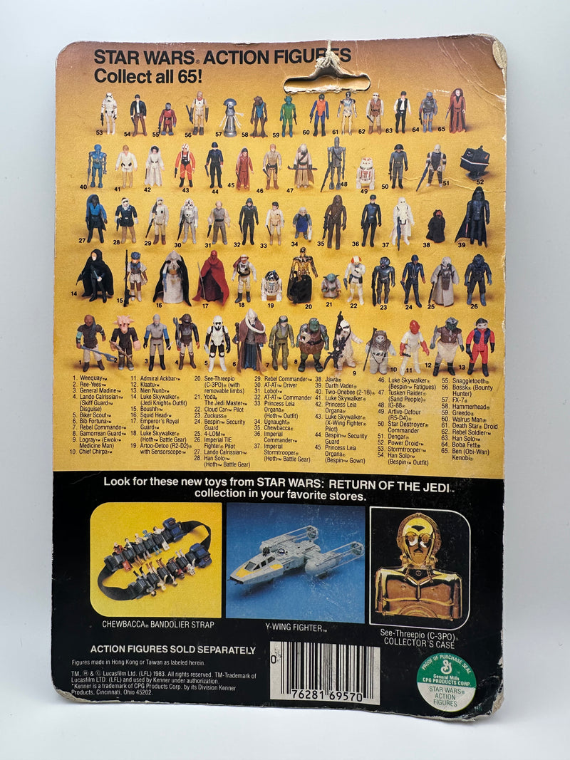 Vintage 1983 Kenner Star Wars Admiral Ackbar Return of the Jedi 65 back MOC sealed action figure with coin offer, yellowed bubble with visible crack, unpunched card with hanger wear, front view collectible
