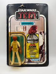 Vintage 1983 Kenner Star Wars Admiral Ackbar Return of the Jedi 65 back MOC sealed action figure with coin offer, yellowed bubble with visible crack, unpunched card with hanger wear, front view collectible
