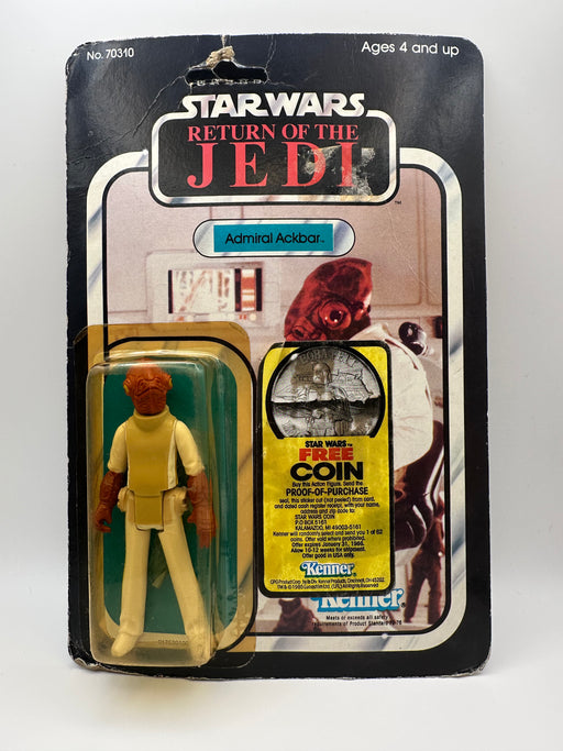 Vintage 1983 Kenner Star Wars Admiral Ackbar Return of the Jedi 65 back MOC sealed action figure with coin offer, yellowed bubble with visible crack, unpunched card with hanger wear, front view collectible
