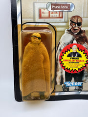 vintage 1984 kenner star wars prune face 77 back moc front view
prune face figure sealed bubble close up vintage kenner
rotj 77 back hanger area wear around punch detail
vintage star wars anakin offer sticker close up
kenner prune face bubble side profile yellowing warping
vintage star wars card back collect all 77 prune face