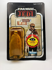 vintage 1984 kenner star wars prune face 77 back moc front view
prune face figure sealed bubble close up vintage kenner
rotj 77 back hanger area wear around punch detail
vintage star wars anakin offer sticker close up
kenner prune face bubble side profile yellowing warping
vintage star wars card back collect all 77 prune face