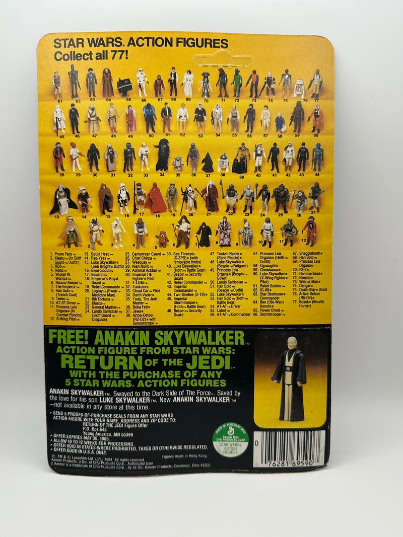 vintage 1984 kenner star wars prune face 77 back moc front view
prune face figure sealed bubble close up vintage kenner
rotj 77 back hanger area wear around punch detail
vintage star wars anakin offer sticker close up
kenner prune face bubble side profile yellowing warping
vintage star wars card back collect all 77 prune face