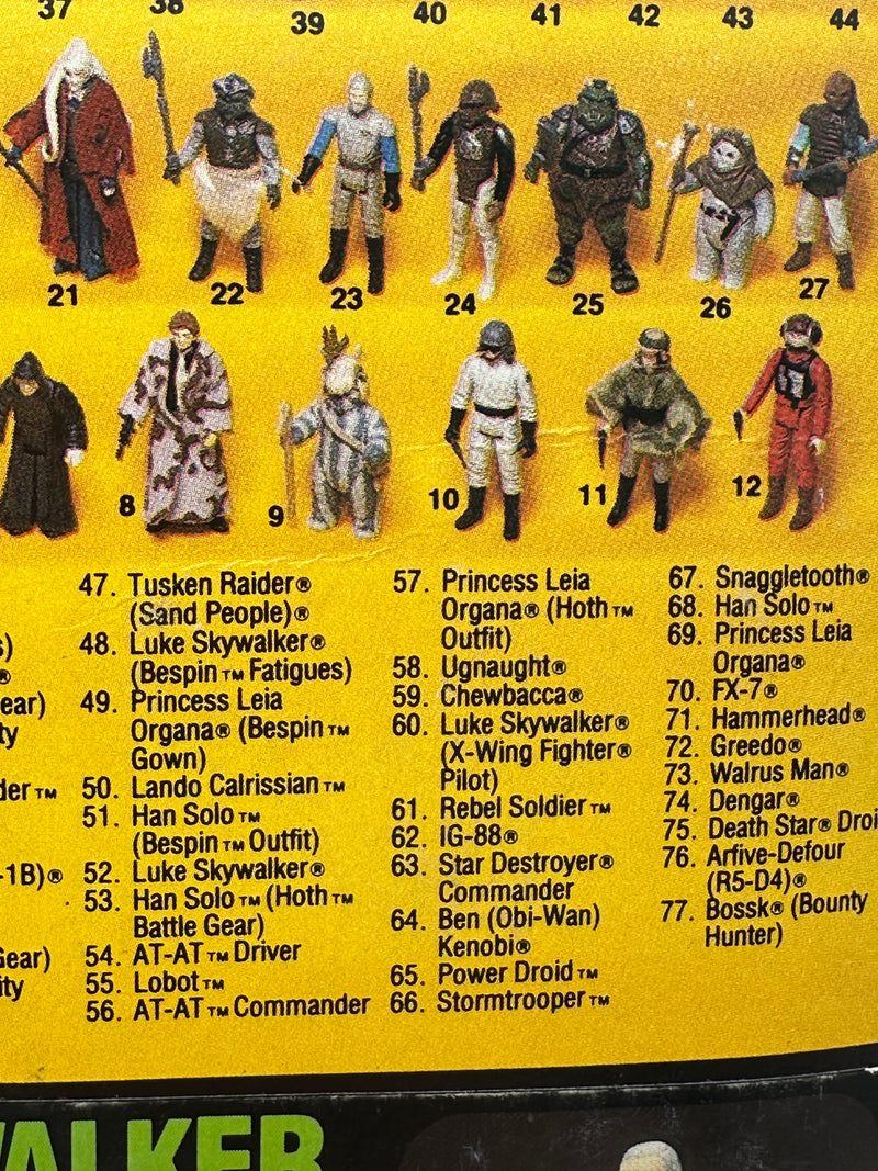 vintage 1984 kenner star wars prune face 77 back moc front view
prune face figure sealed bubble close up vintage kenner
rotj 77 back hanger area wear around punch detail
vintage star wars anakin offer sticker close up
kenner prune face bubble side profile yellowing warping
vintage star wars card back collect all 77 prune face