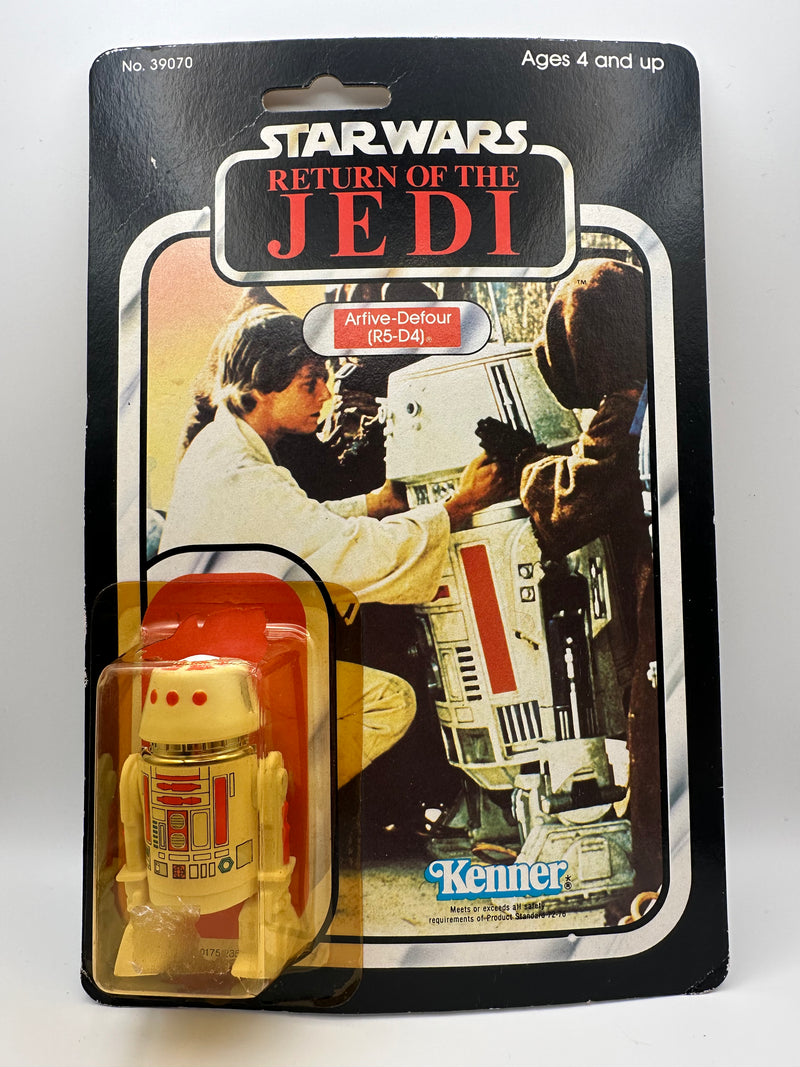 Vintage 1983 Kenner Star Wars Return of the Jedi Arfive-Defour R5-D4 77-back carded action figure with clean punched hang tab