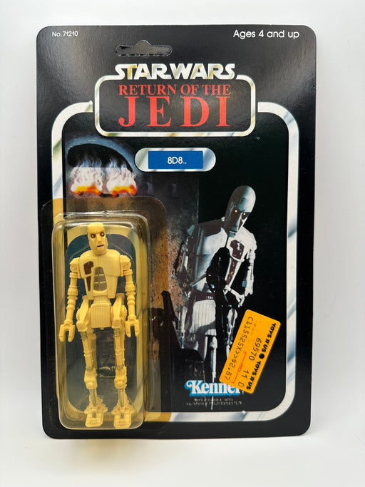 Vintage Kenner Star Wars 8D8 Return of the Jedi 77 Back unpunched carded action figure from 1983 with original price sticker and yellowed sealed bubble